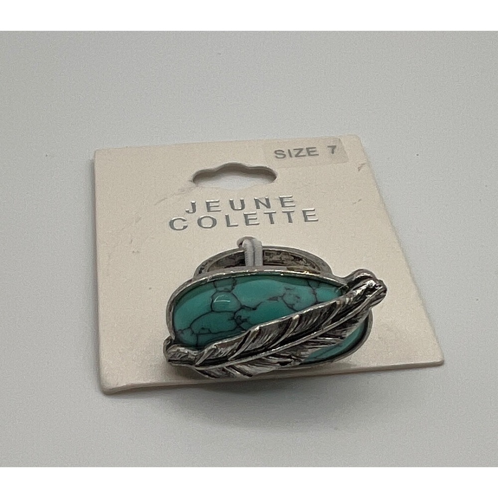 Jeune Colette Turquoise Faux Stone Feather Statement Ring Silver Tone Size 7